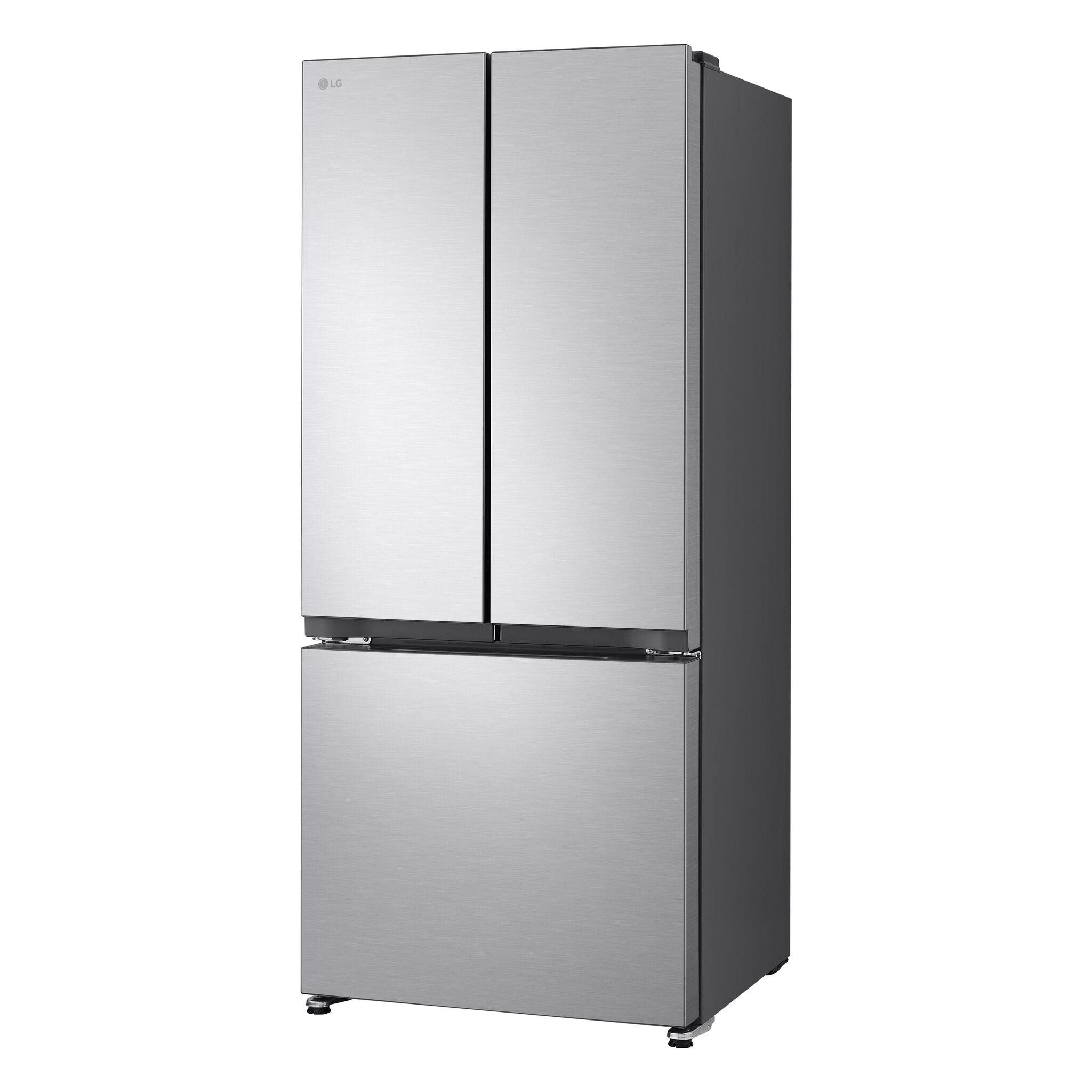 LG 30" 18.2 Cu. Ft. French Door Refrigerator in stainless steel shown from a three-quarter angle with bottom freezer