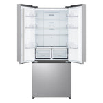 LG French Door Refrigerator with both upper doors open, showing glass shelves, door bins and two fresh food drawers