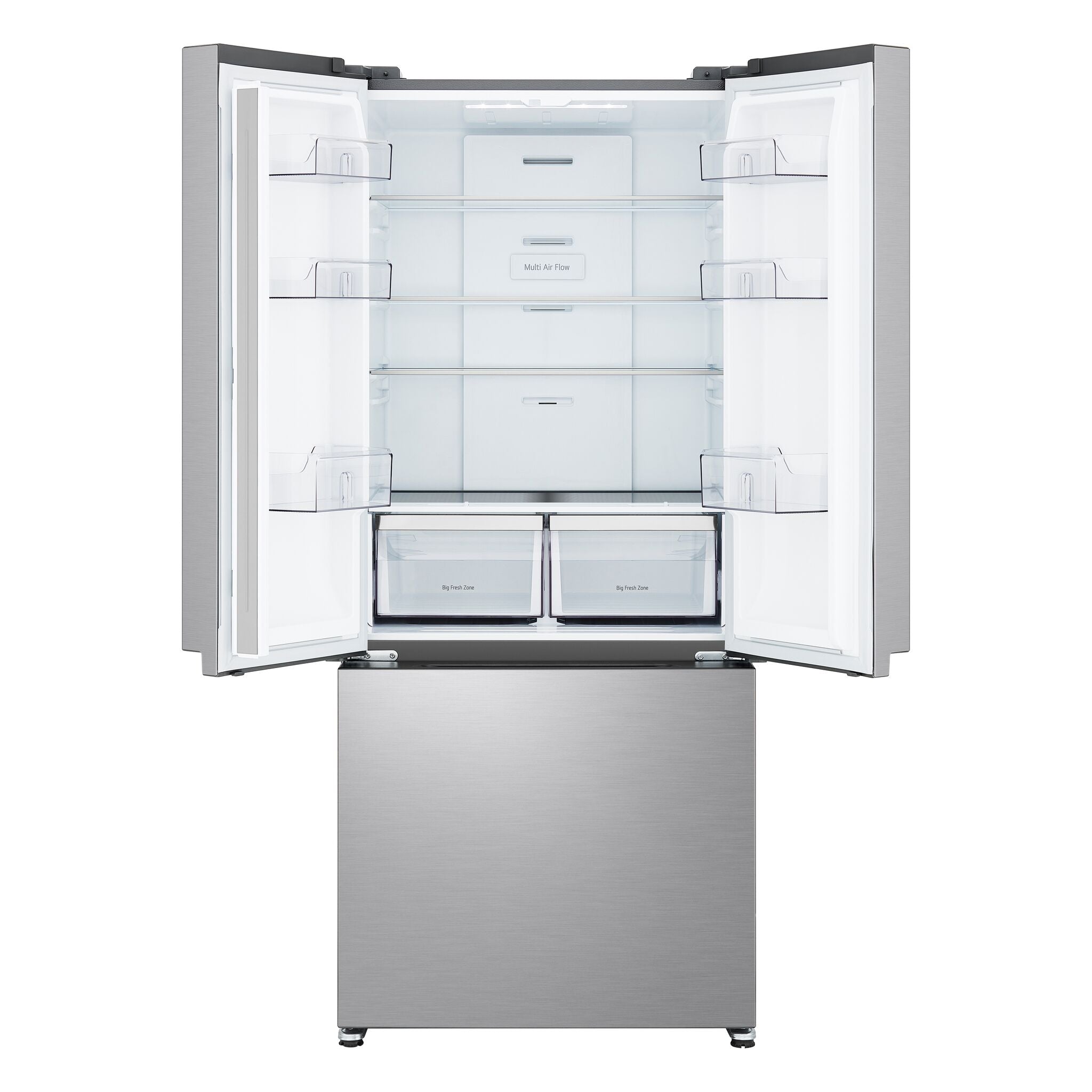 LG French Door Refrigerator with both upper doors open, showing glass shelves, door bins and two fresh food drawers