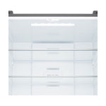 Close-up of LG refrigerator interior showing LED lighting, glass shelves and Multi Air Flow vents on the rear panel