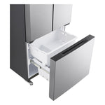 LG French Door Refrigerator with bottom freezer drawer open, showing removable white storage bin and slide-out rails