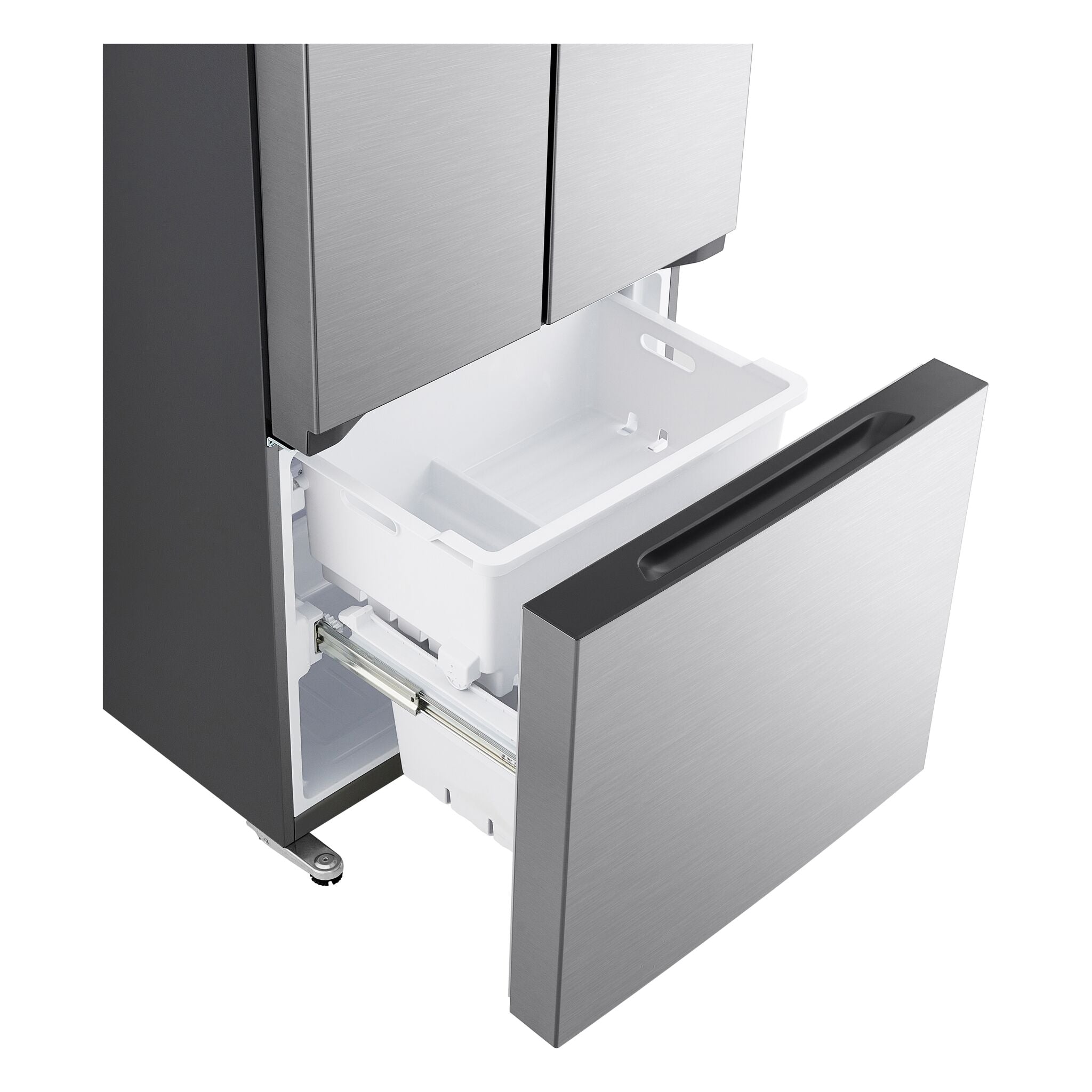 LG French Door Refrigerator with bottom freezer drawer open, showing removable white storage bin and slide-out rails