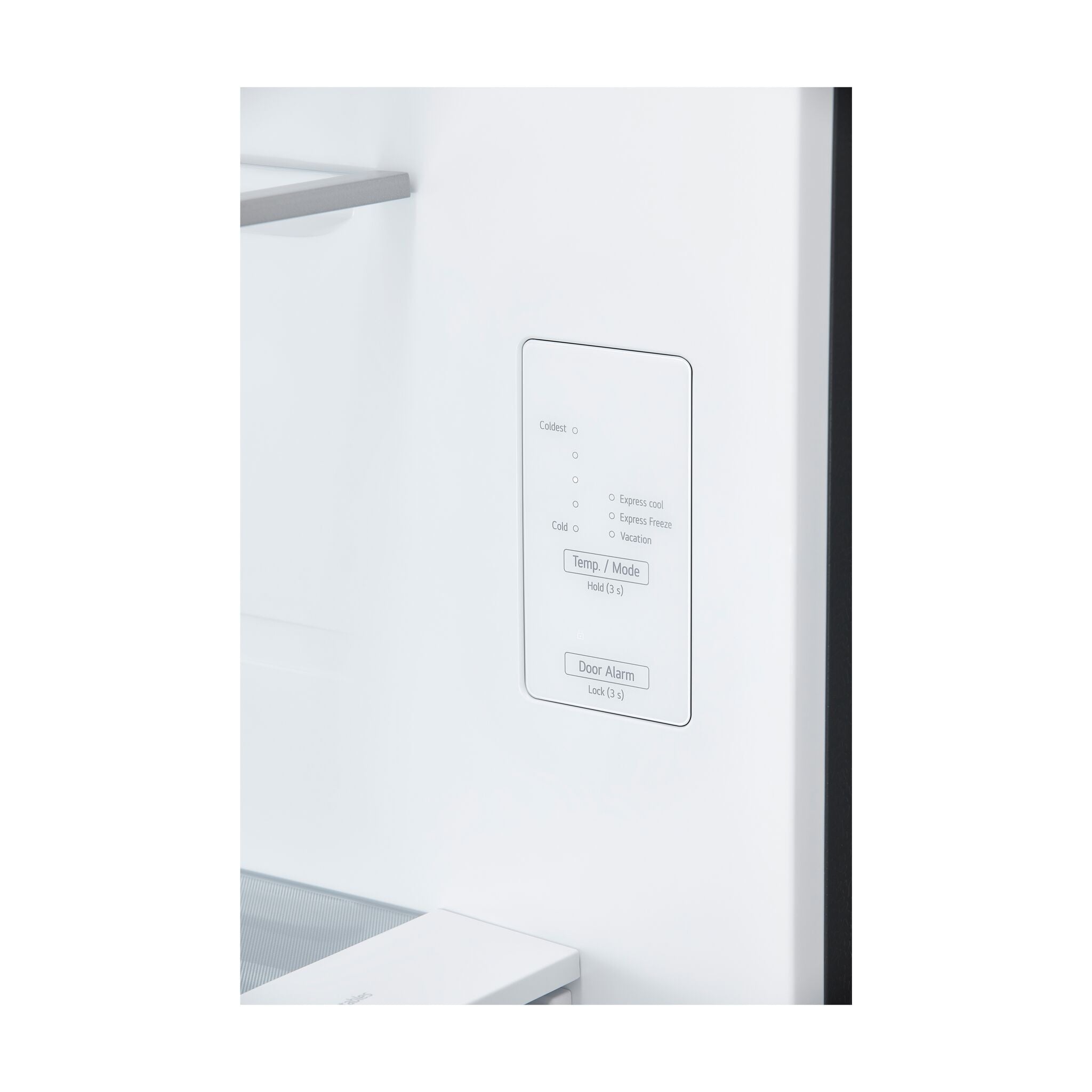 Close-up of LG refrigerator control panel with temperature, Express Cool, Express Freeze, Vacation and Door Alarm settings
