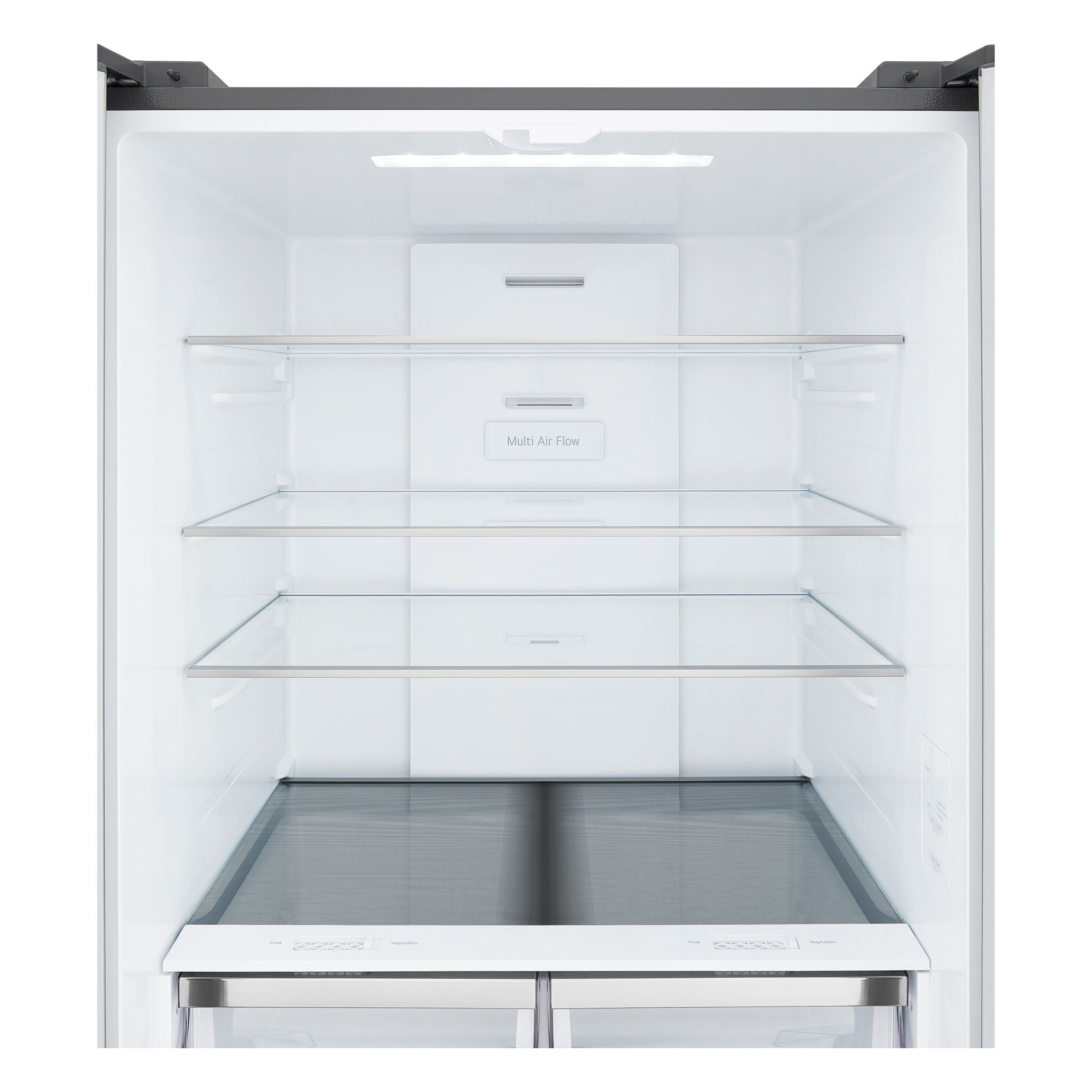 LG French Door Refrigerator interior with three glass shelves, Multi Air Flow panel and two lower fresh food drawers