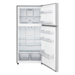 LG Top Freezer Refrigerator with both doors open, showing glass shelves, door bins, Fresh Zone drawers and freezer shelf