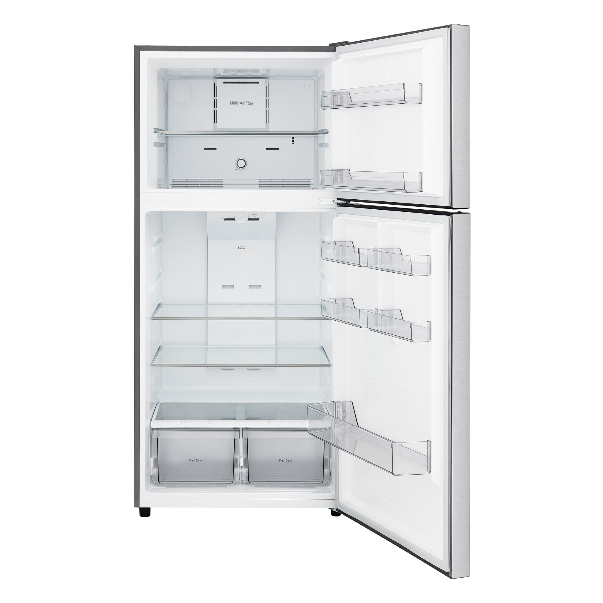 LG Top Freezer Refrigerator with both doors open, showing glass shelves, door bins, Fresh Zone drawers and freezer shelf