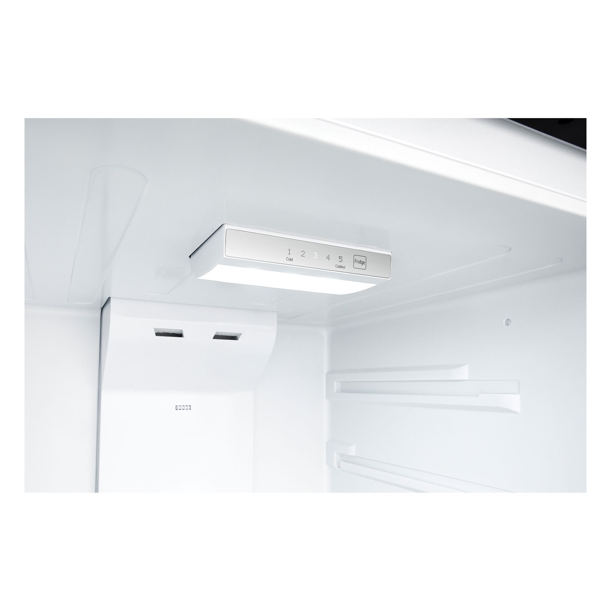 Close-up of LG refrigerator interior temperature control with five cooling levels and illuminated panel