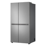 Angled view highlighting the stainless steel finish, four-door design and counter-depth profile