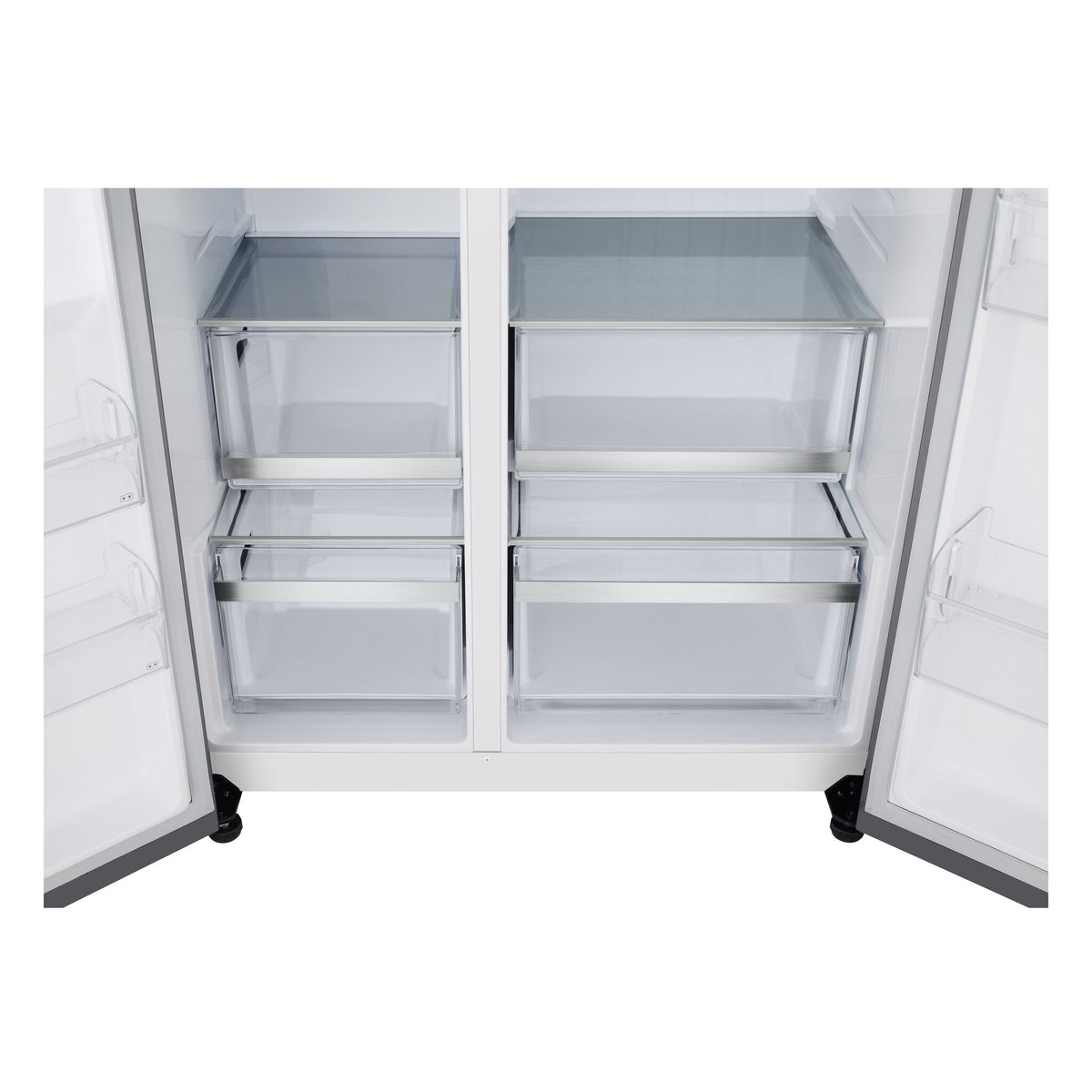 Lower interior view showing four clear storage drawers topped with glass shelves