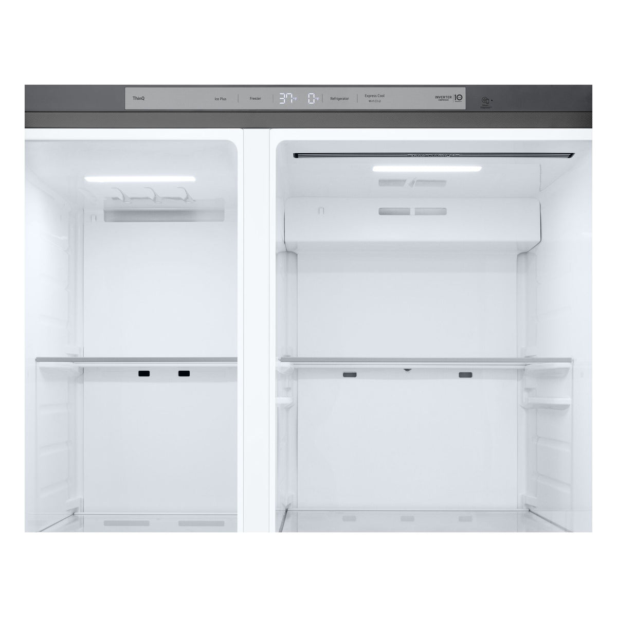 Upper interior close-up with digital controls, LED lighting and adjustable glass shelves