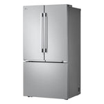 Angled view highlighting the stainless steel finish, French doors and counter-depth profile