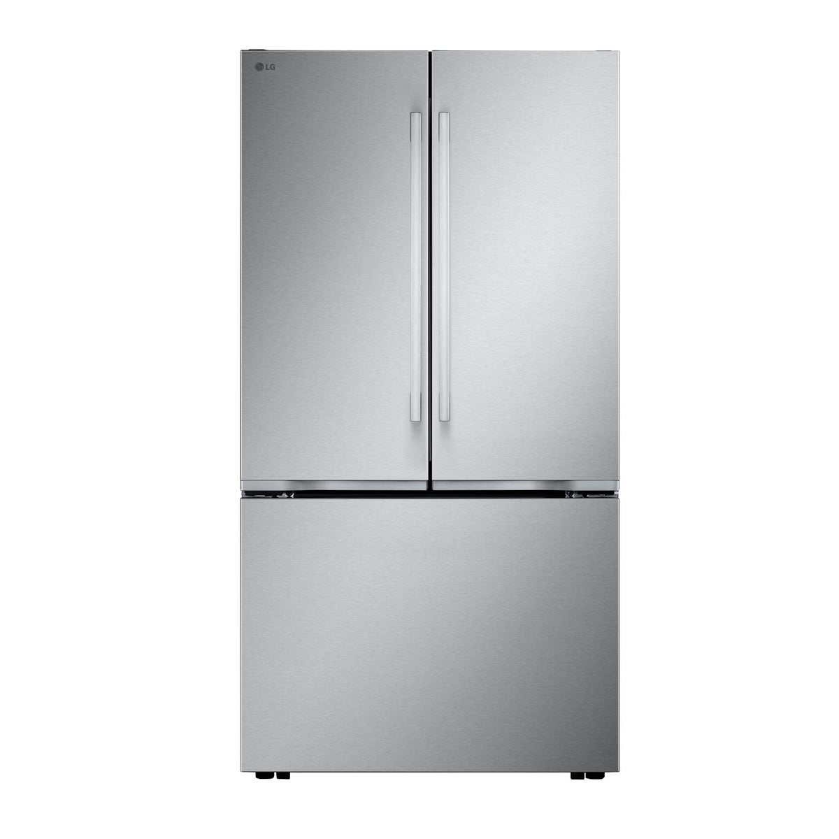 Front view of LG LF27NCH10S French door refrigerator in stainless steel with bottom freezer drawer