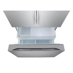 Top view of the open freezer showing divided storage bins and full-width pullout drawer