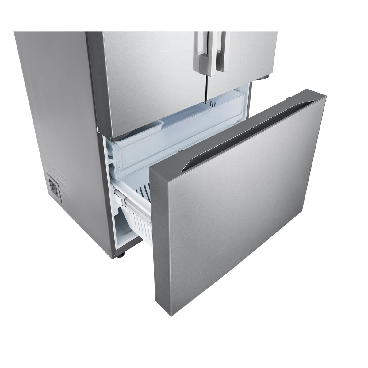 Bottom freezer drawer pulled open to reveal upper and lower storage compartments