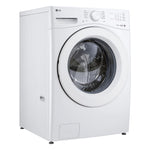 LG white front load washer angled three-quarter view showing side cabinet