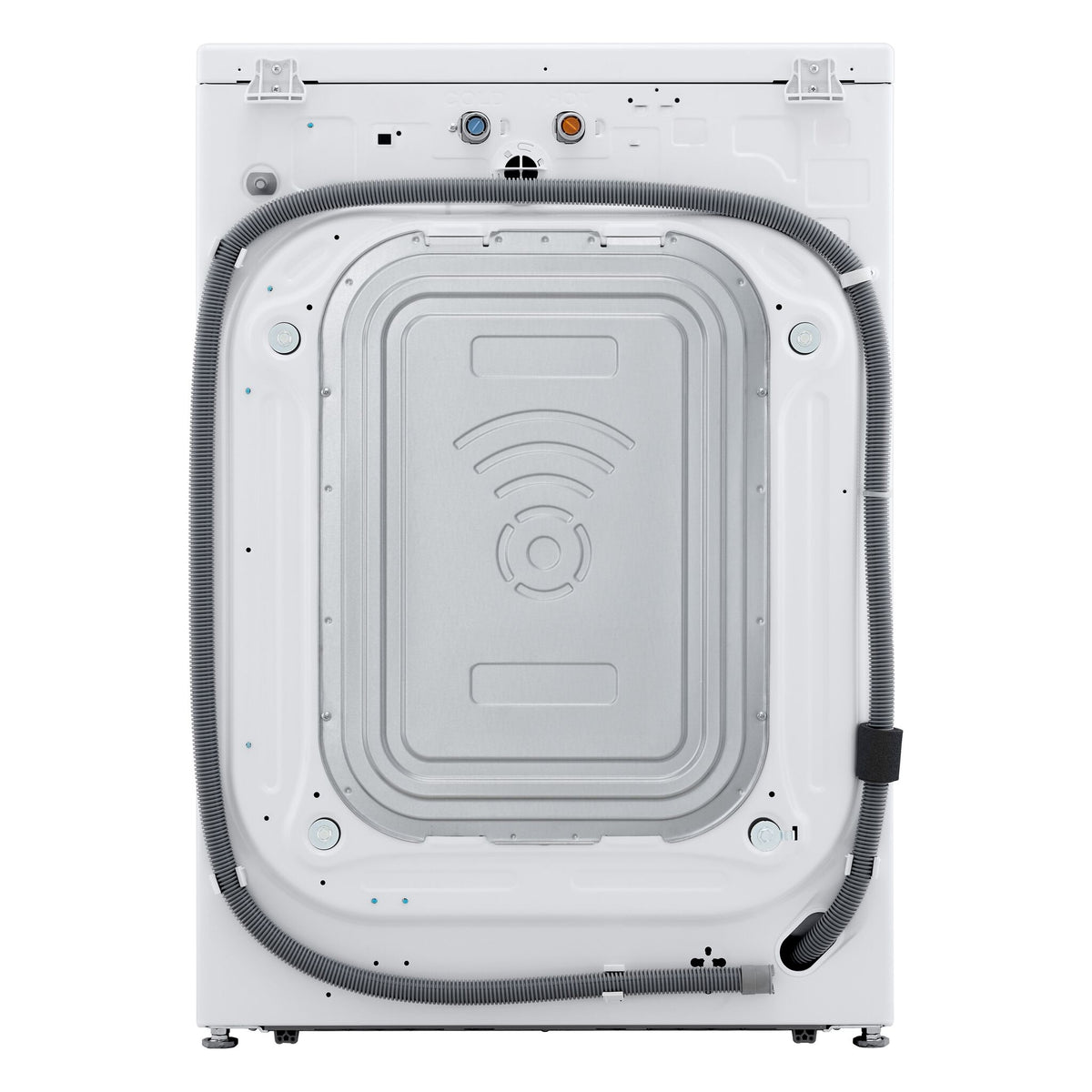 Rear panel view of LG white front load washer showing water valves and drain hose