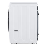 LG white front load washer direct side profile view with drain hose attached
