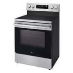 LG stainless steel electric freestanding range with black glass cooktop and large oven window