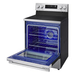 LG stainless steel electric range with oven door open, showing blue interior, racks and rear convection fan