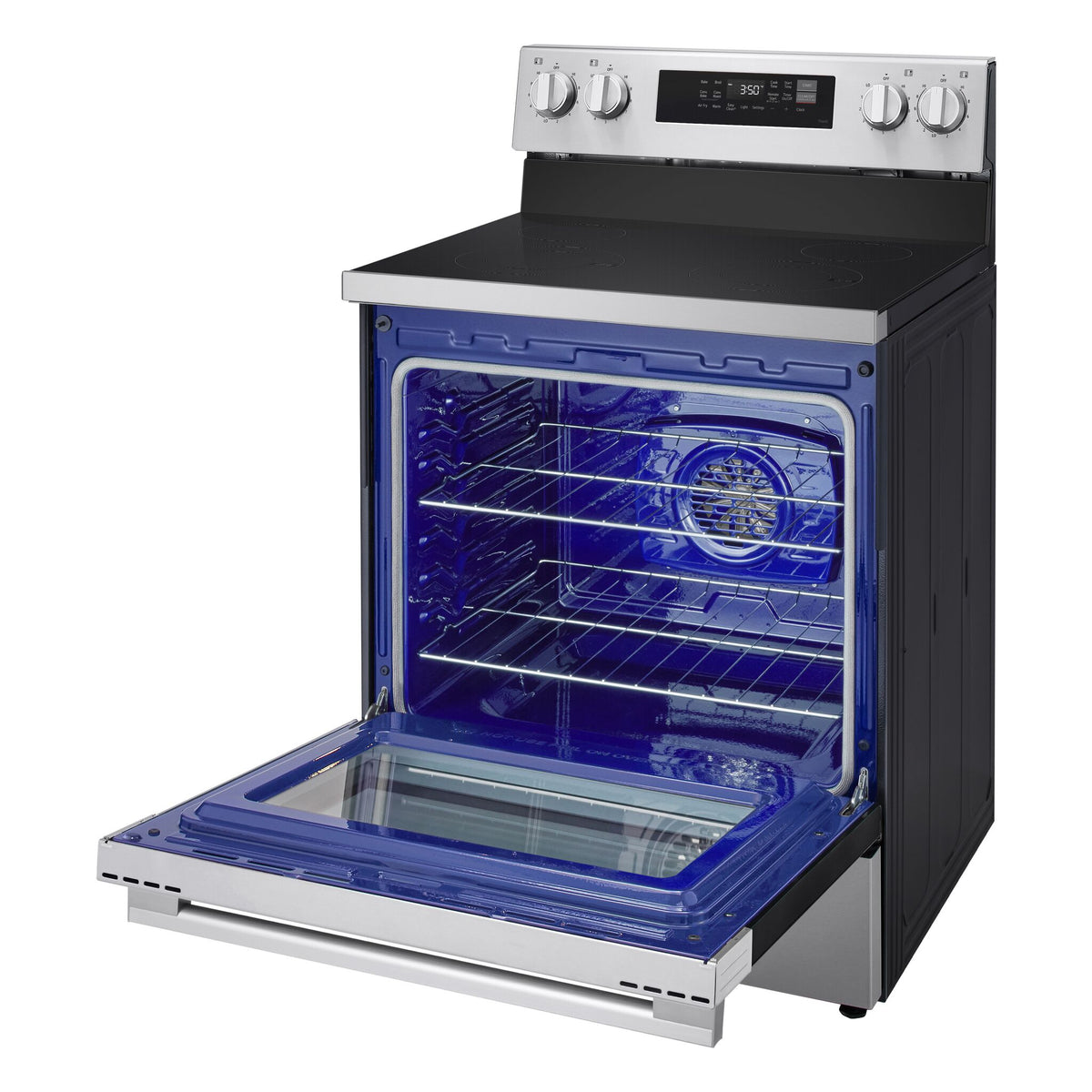 LG stainless steel electric range with oven door open, showing blue interior, racks and rear convection fan