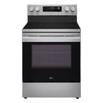 Front view of LG stainless steel electric freestanding range with smooth black cooktop and digital controls