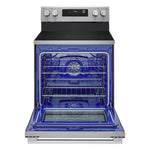 LG electric freestanding range with oven door open, showing blue oven interior, racks and convection fan