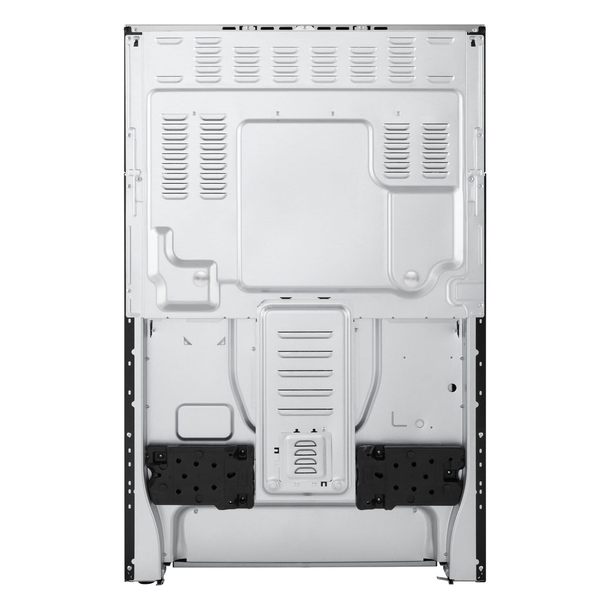 Rear view of LG electric freestanding range showing metal back panel, vents and installation components