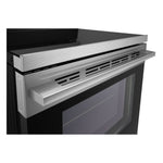 Close-up of LG stainless steel electric range showing oven handle, front vent and black glass oven door