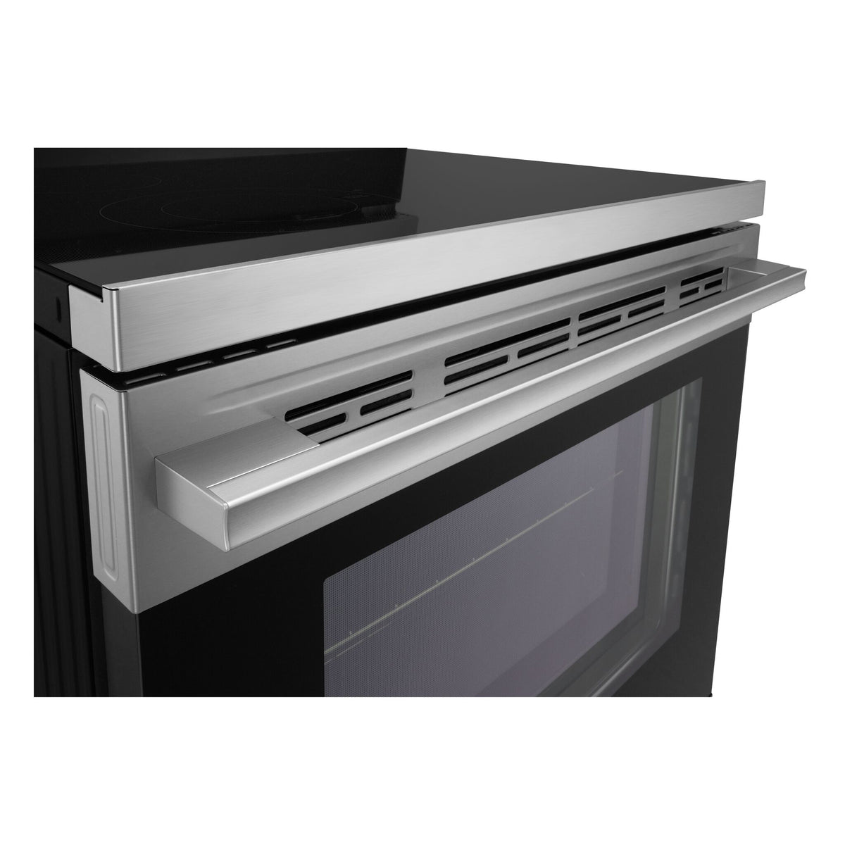 Close-up of LG stainless steel electric range showing oven handle, front vent and black glass oven door