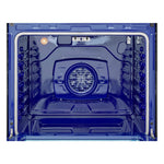 Close-up of LG electric range blue oven interior showing rear convection fan and rack positions
