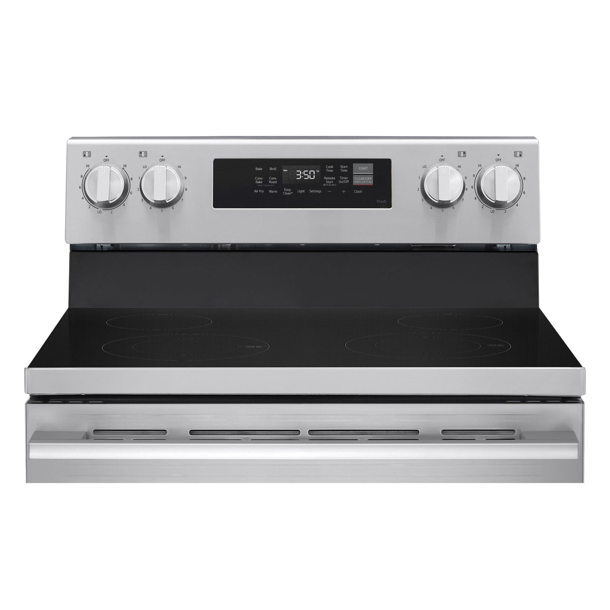 Front close-up of LG electric range showing smooth black cooktop, burner knobs and digital control panel