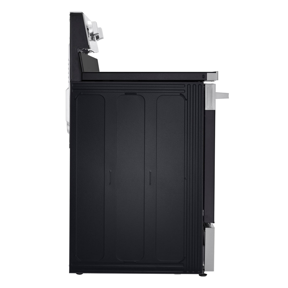 Side profile of LG stainless steel electric freestanding range showing black cabinet, cooktop and oven door