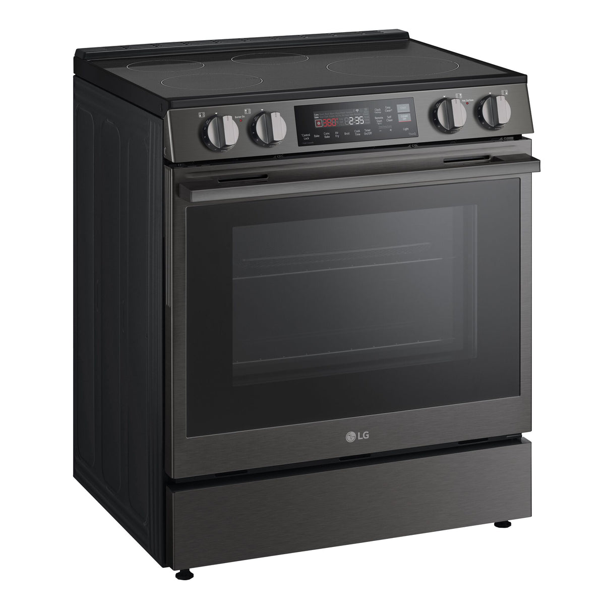 LG black stainless steel induction slide-in range shown at an angle with four-element cooktop and large oven window