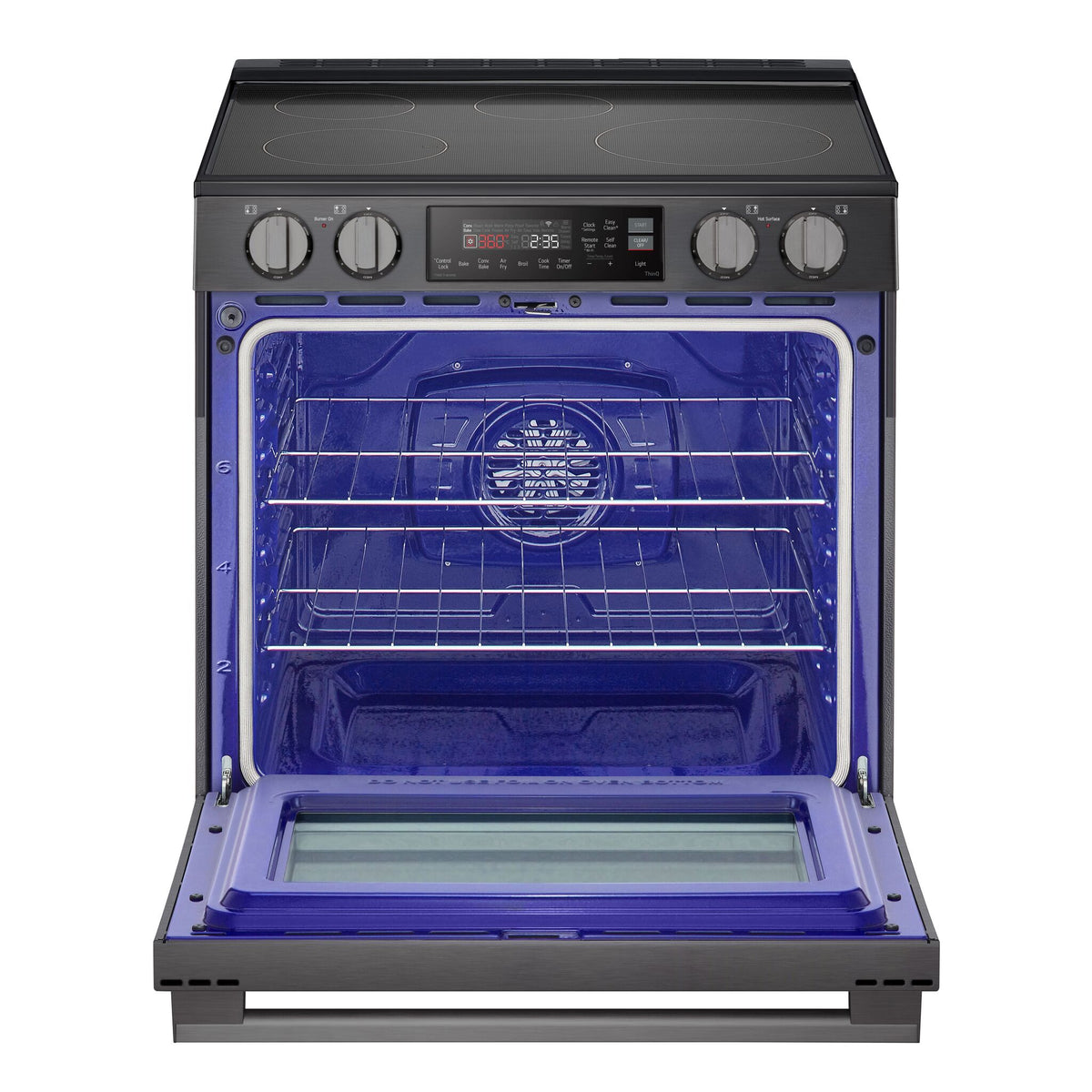 LG induction slide-in range with oven door open, showing blue oven interior, convection fan and multiple racks