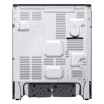 Rear view of LG induction slide-in range showing silver metal back panel, ventilation openings and lower connection area