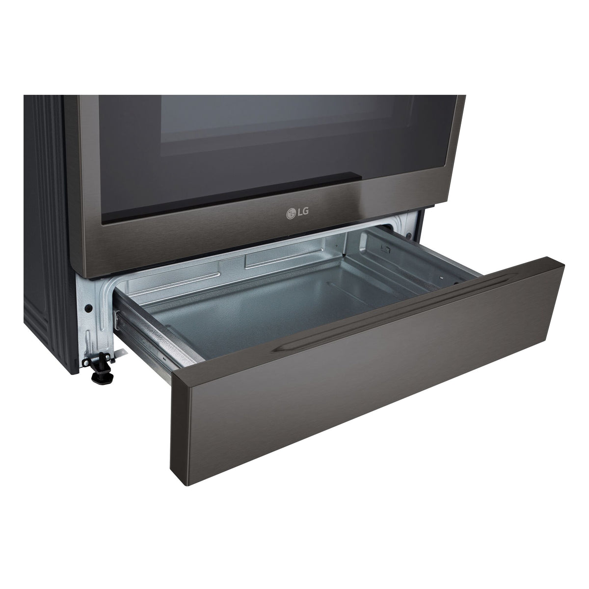 LG black stainless steel induction range with lower storage drawer open beneath the oven