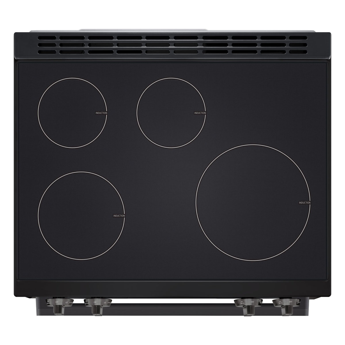 Top view of LG black induction cooktop showing four outlined cooking zones in varying sizes