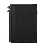 Side view of LG black stainless steel induction slide-in range showing slim cooktop profile, oven door and storage drawer