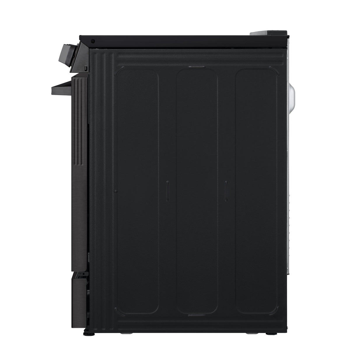Side view of LG black stainless steel induction slide-in range showing slim cooktop profile, oven door and storage drawer