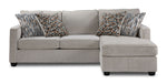 Front view of Laila beige polyester sofa chaise with patterned accent pillows and chaise positioned on the right