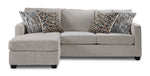 Front view of Laila beige polyester sofa chaise with patterned accent pillows and chaise positioned on the left
