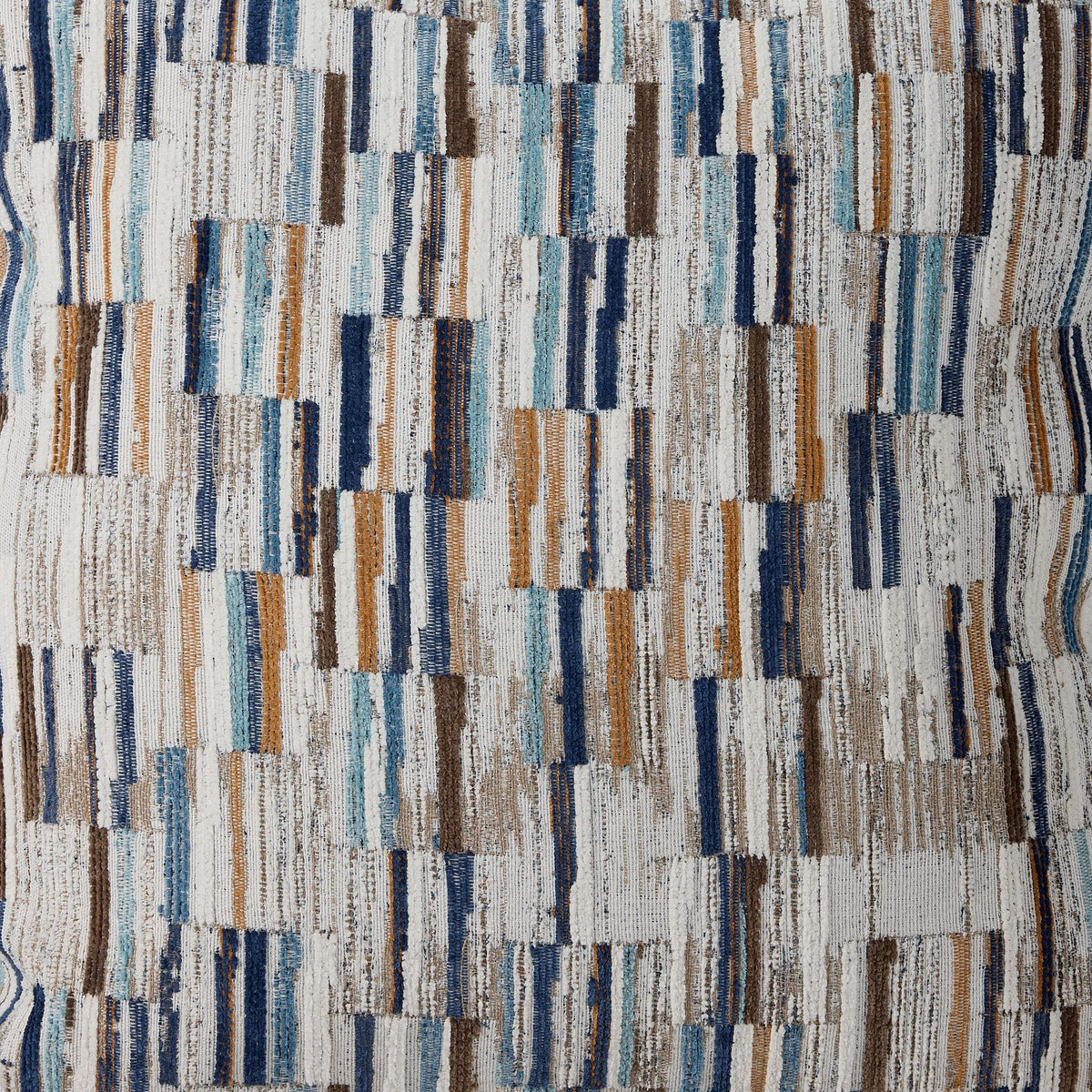 Close-up of Laila accent pillow fabric with abstract stripes in blue, brown, beige and white