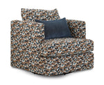 Laila swivel accent chair with multicolour patterned upholstery, rounded arms and a blue lumbar pillow