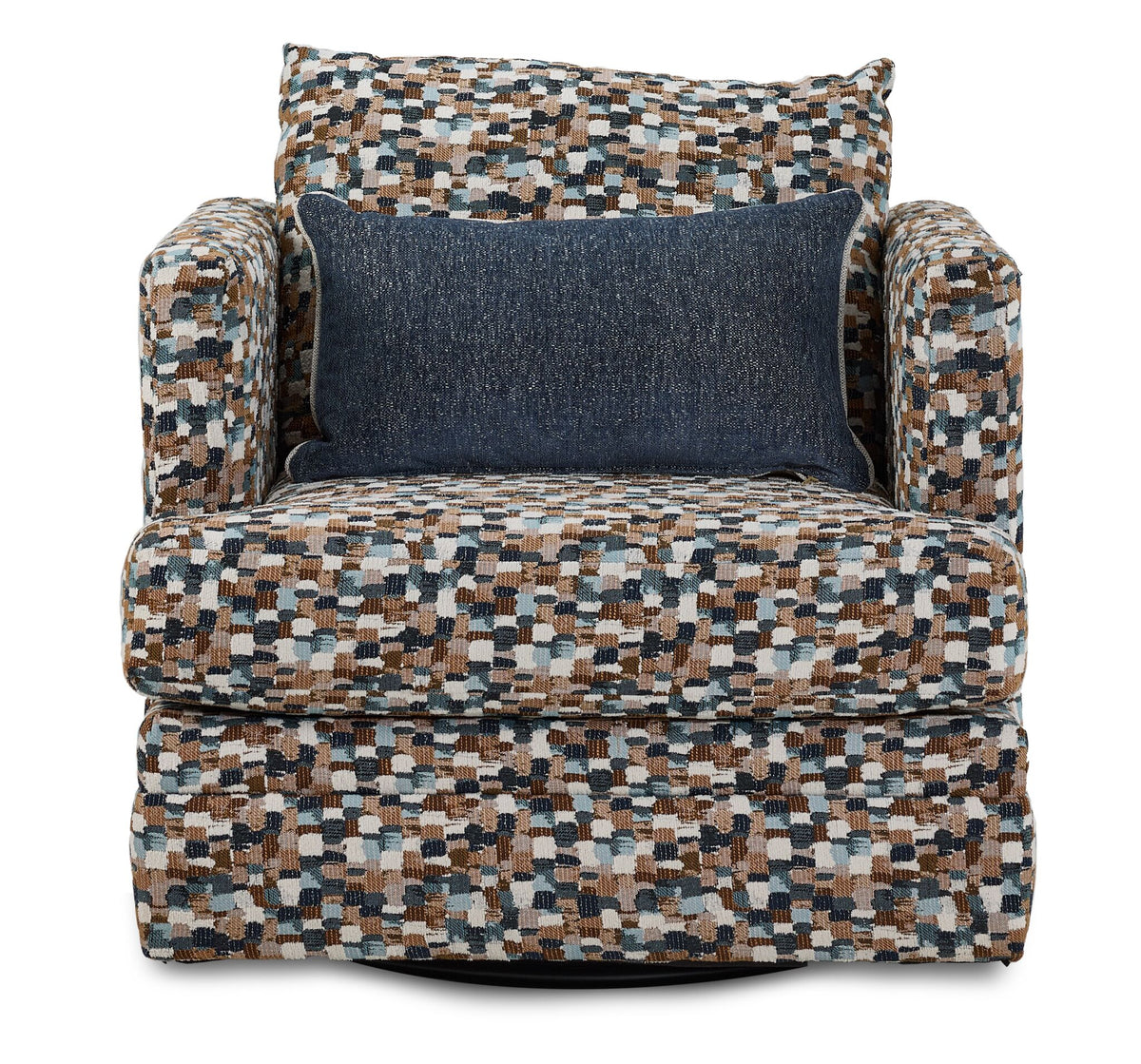 Close-up of Laila chair showing textured multicolour upholstery and contrasting blue lumbar pillow