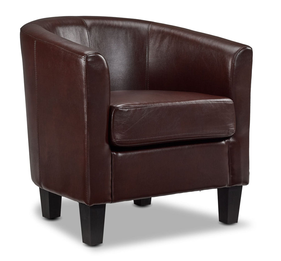 Lincoln Accent Chair - Brown in a three-quarter view with curved tub-style back, cushioned seat and dark tapered legs
