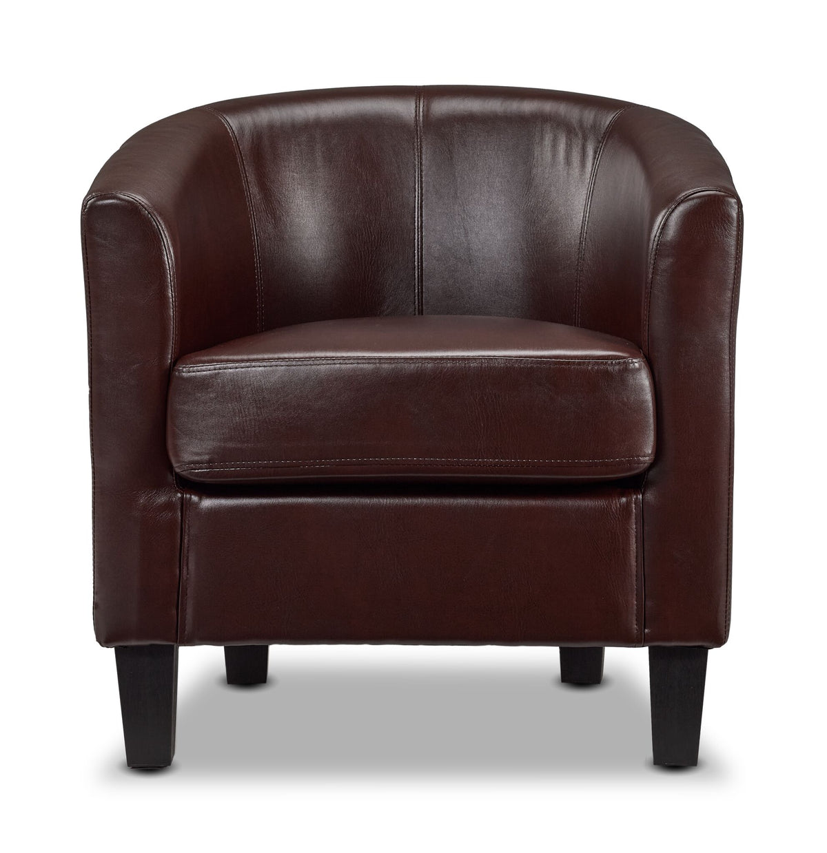 Lincoln Accent Chair - Brown in a three-quarter view with curved tub-style back, cushioned seat and dark tapered legs