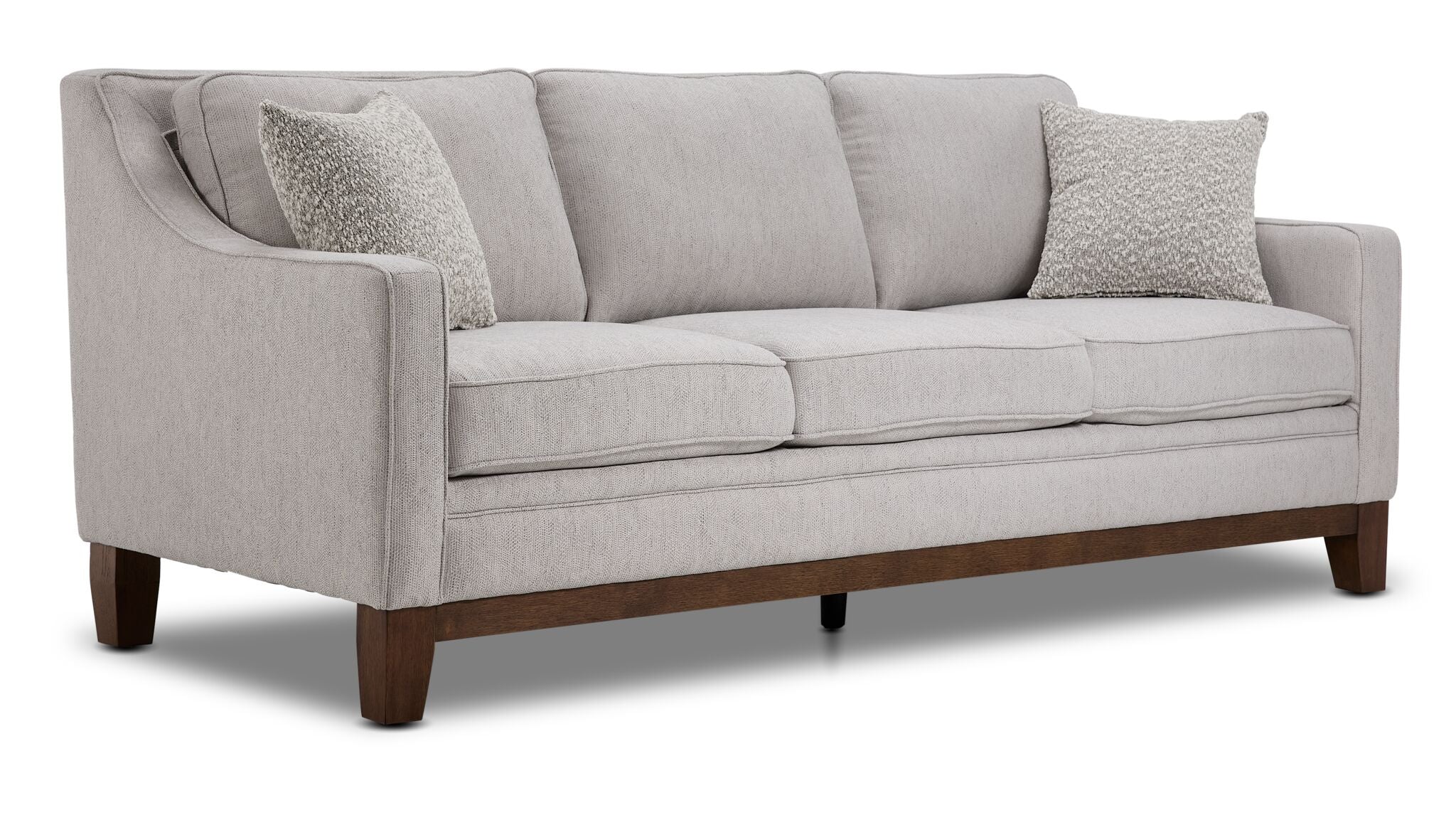 Lucerne grey sofa with three seat cushions, track arms, solid wood legs and angled front view