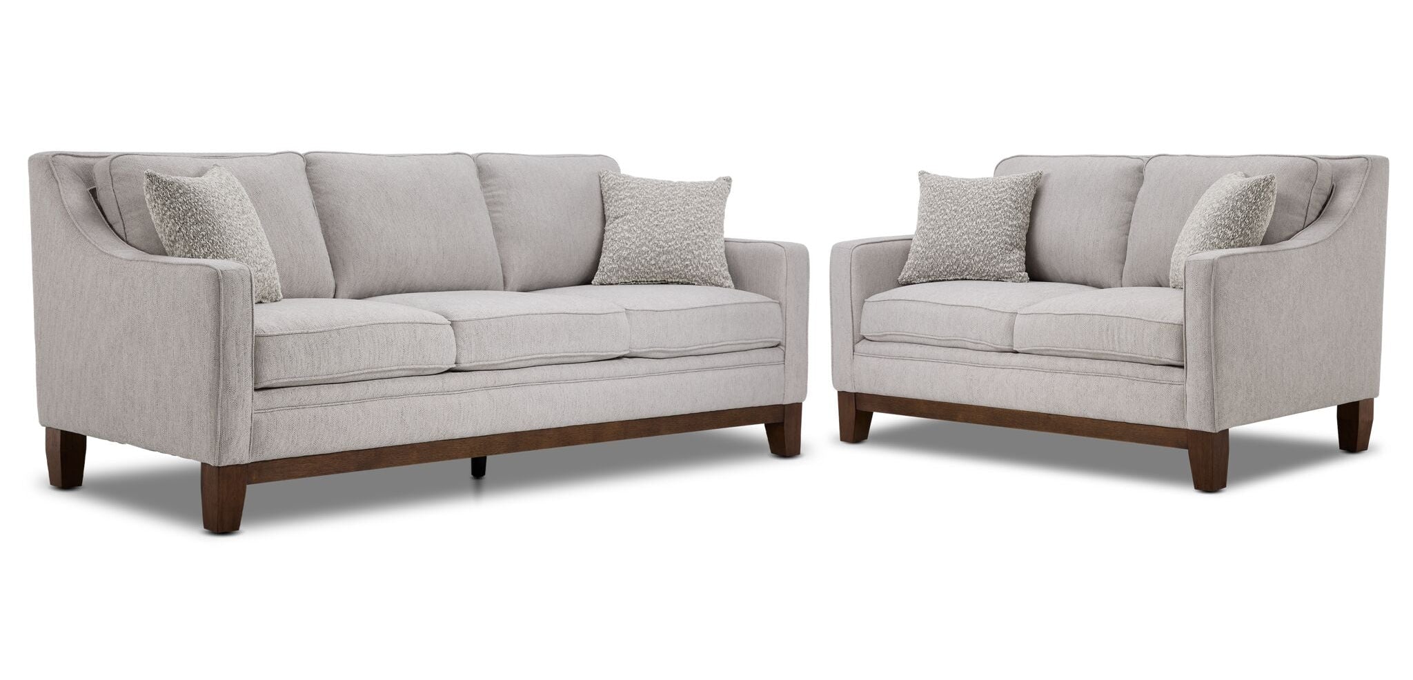 Lucerne grey sofa and loveseat set with track arms, solid wood legs and contemporary style