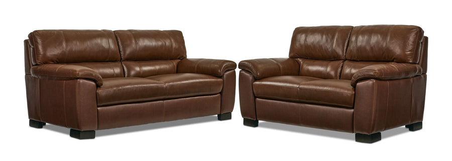 Maddox Leather Sofa and Loveseat Set - Cognac