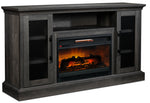 Millbrook 59.75" Fireplace TV Stand in Fawn Aged Oak shown at an angle with fireplace, mesh doors and open shelf